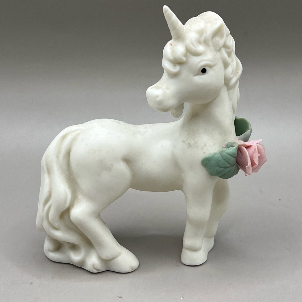 Vintage Bisque Ceramic Unicorn Figurine With Applied Flower 4”